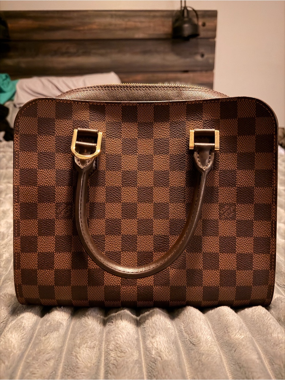 Louis Vuitton Brown Checkered Satchel with Gold Hardware